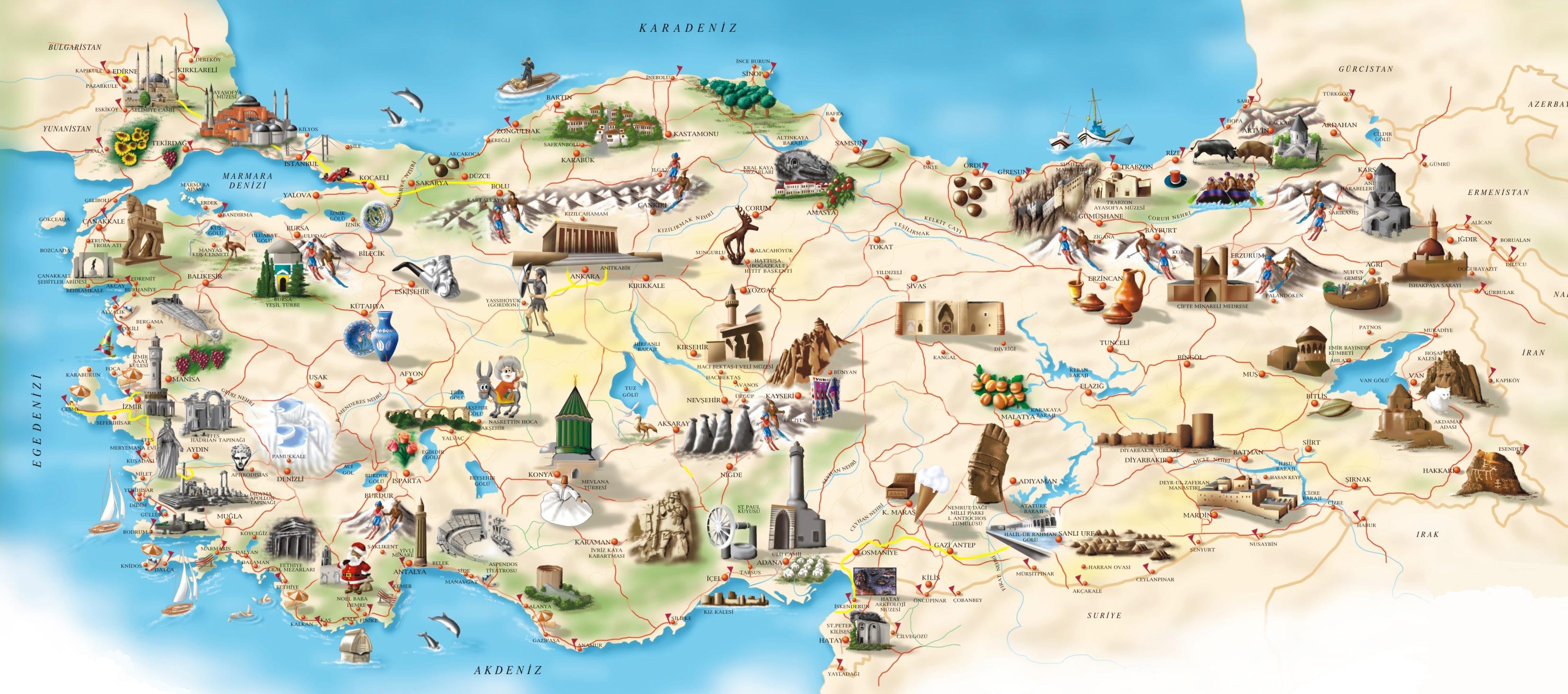 Карта достопримечательностей в стране Турции