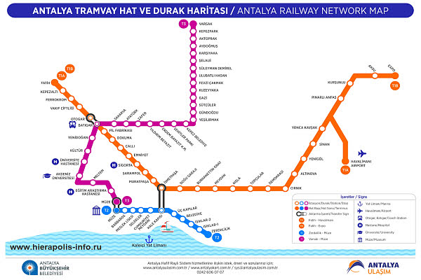 Маршруты движения трамвая  Antray на карте Анталии 
